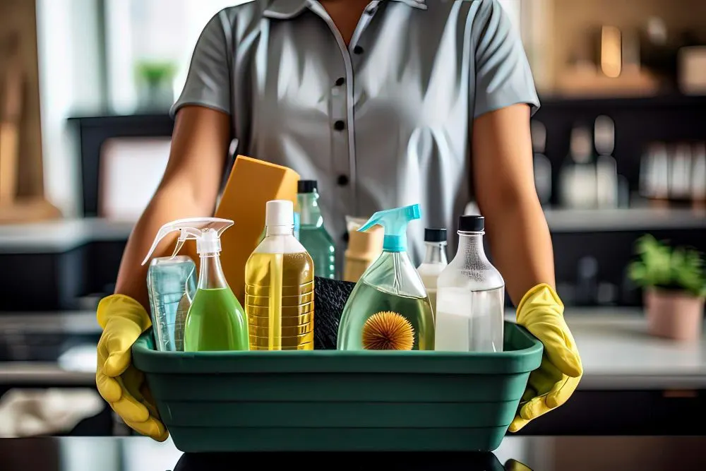 Cleaner in yellow gloves holding a basket of cleaning products
