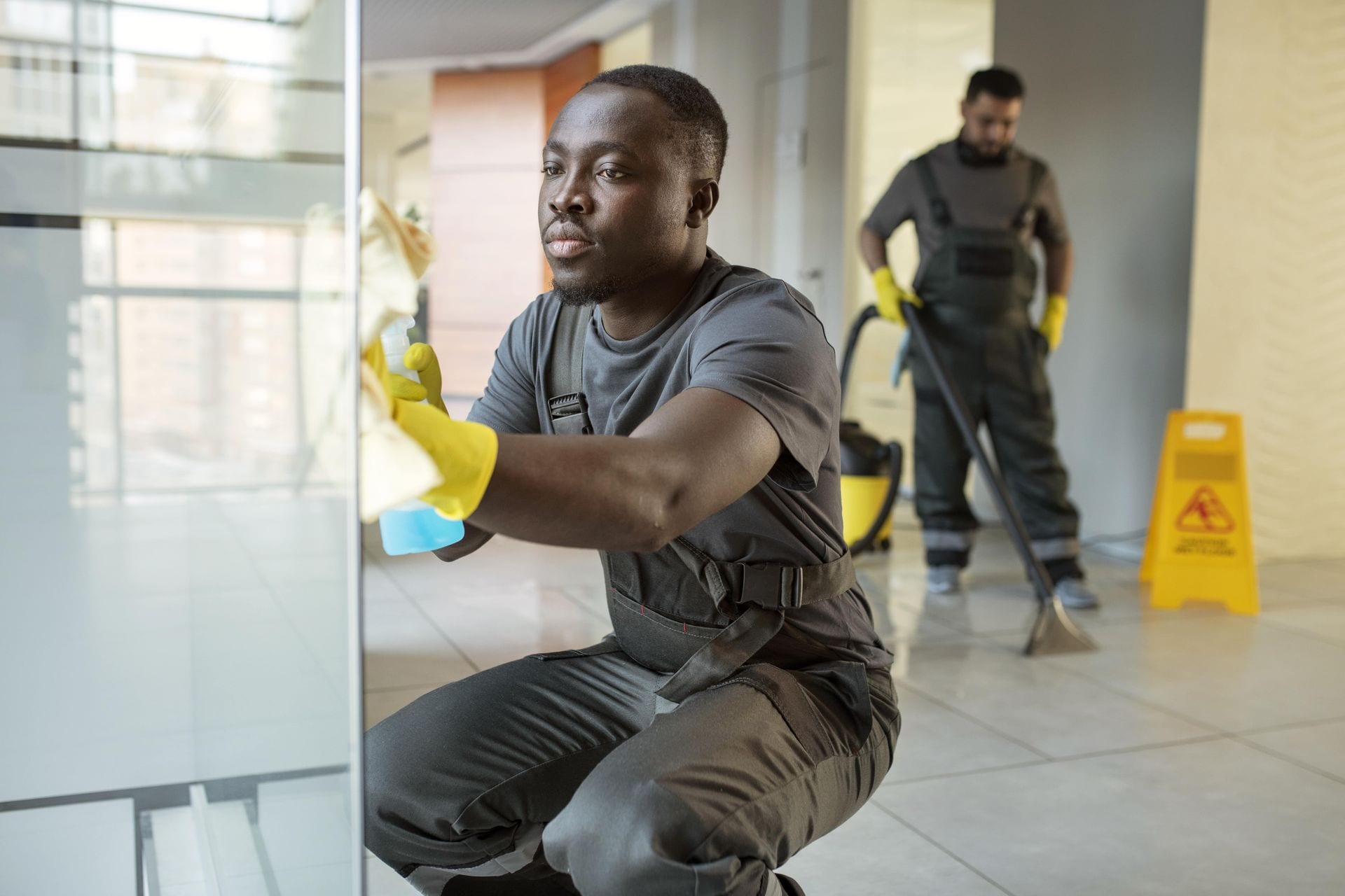 Two cleaners mopping a bright office lobby, one in foreground and one near a wet floor sign
