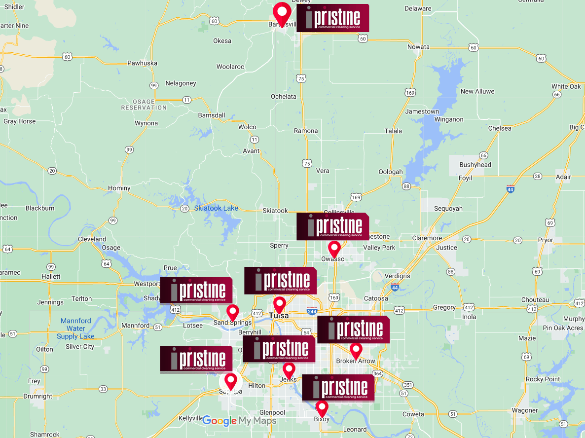 Tulsa metro map marking Pristine Commercial Cleaning Service locations from Bartlesville south to Bixby